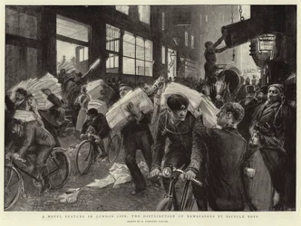 Eine neue Besonderheit im Londoner Leben, die Verteilung von Zeitungen durch Fahrradjungen